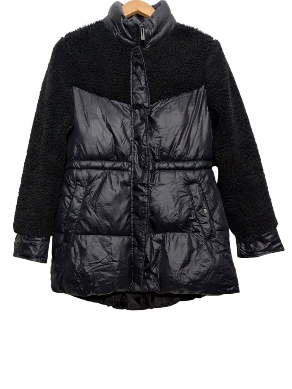 Via Spiga Mixed Media Faux Sherpa Anorak Women's M Hidden Hoodie Full Zip Button